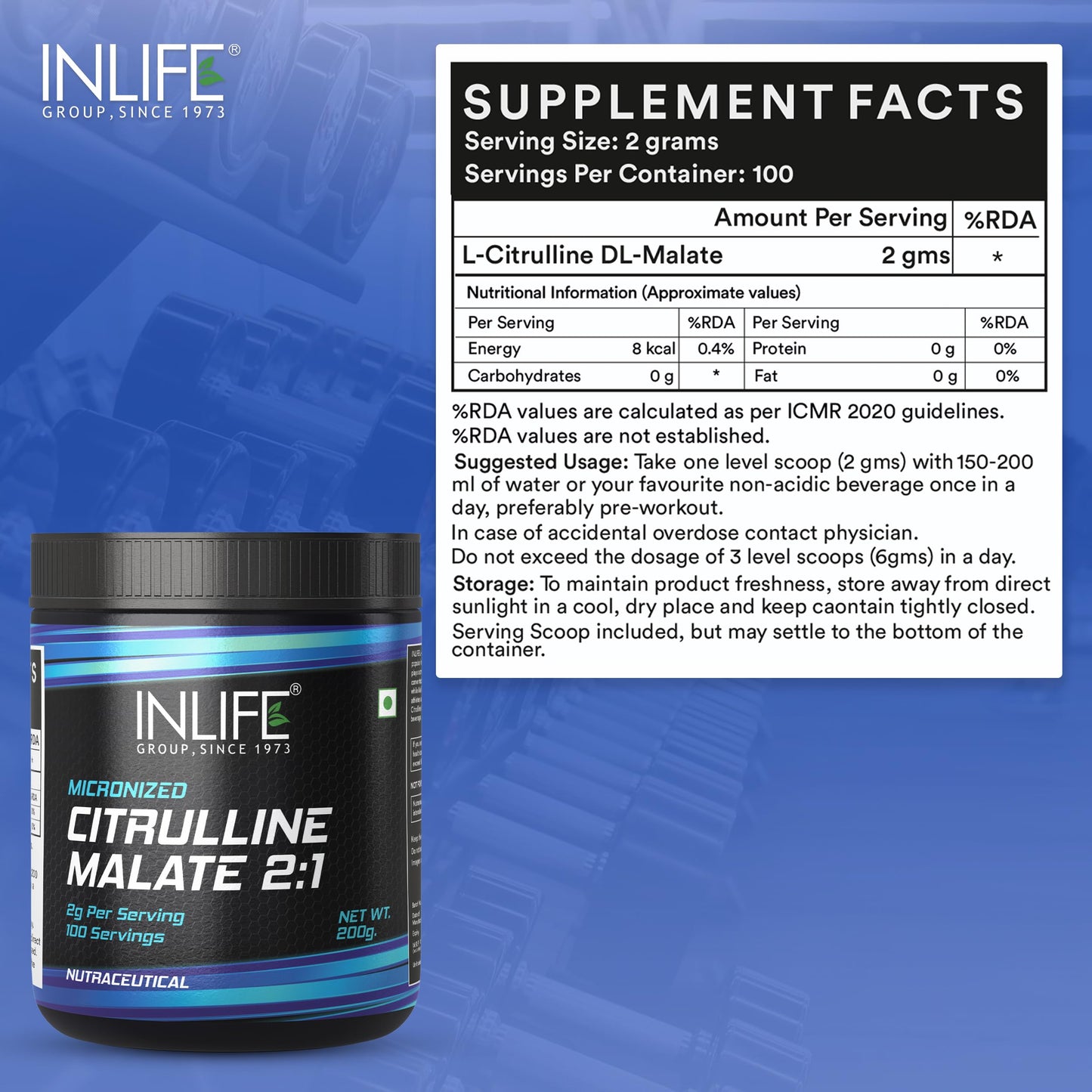 INLIFE L Arginine with L Citrulline | Nitric Oxide Precursor | Pre Workout Supplements for Men & Women - 60 Capsules and 200g Unflavoured