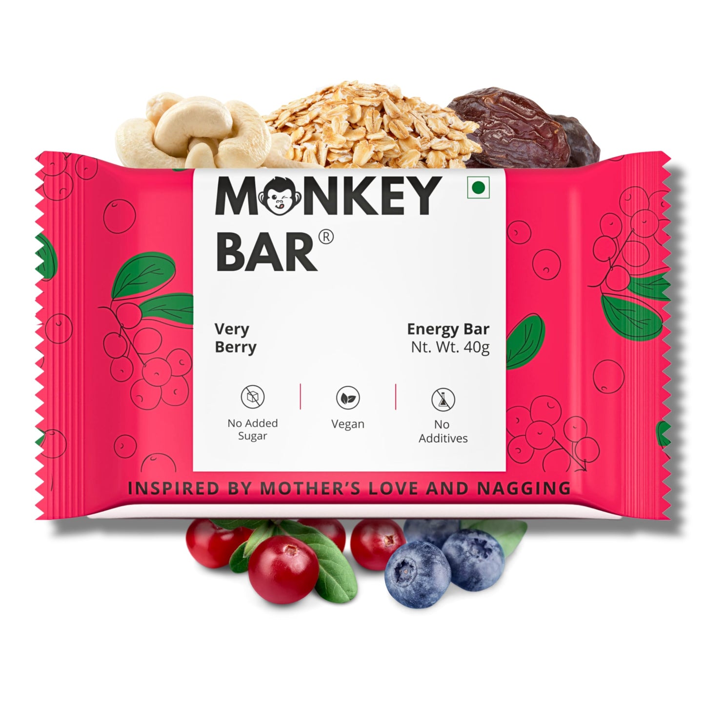 MONKEY BAR - Very Berry Energy Bar - 10 Bars, 40g each, Just 5 Plant-based Ingre