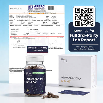 The Proven Code Ashwagandha KSM-66® 500mg | Lab Tested | 50+ Clinical Trials | 5% Withanolides | 100% Root Extract | Stress, Sleep, Energy & Immunity Support | 60 Capsules