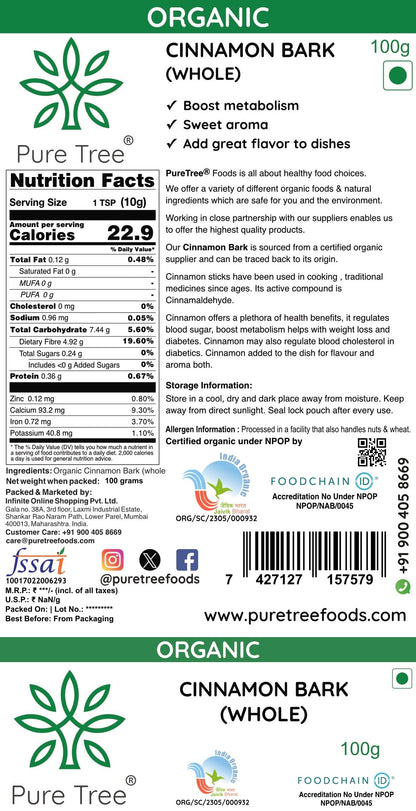 Pure Tree Certified Organic Dalchini Whole | 100 g | Cinnamon Stick | Cinnamon Bark | Spices Whole | Garam Masala | Sweet Aroma & Flavour