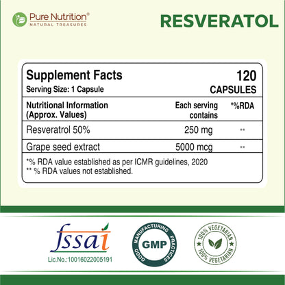 Pure Nutrition Resveratrol 255mg - 120 Veg Capsules | Powerful Antioxidant for Anti-Aging, Heart Health & Immunity | With Grape Seed Extract for Skin Radiance, Cellular Health & Healthy Aging | Supports Joint & Brain Function