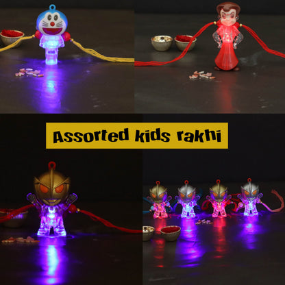 TIED RIBBONS Rakhi for Kids with Chocolates Gift Pack - Set of 3 Premium Kids Lights Rakhi with Cadbury Celebrations Chocolates Gift Pack Roli Chawal Greeting Card, 250 Grams