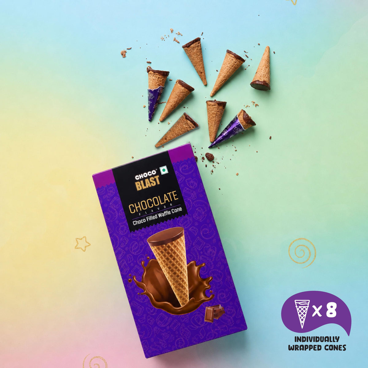 Pure Temptation Chocoblast – Chocolate-Filled Waffle Cones | Box of 8 | Crunchy Snack for Kids & Adults | Non-Melt Chocolate | Celebration Gift Pack | Individually Wrapped Bites