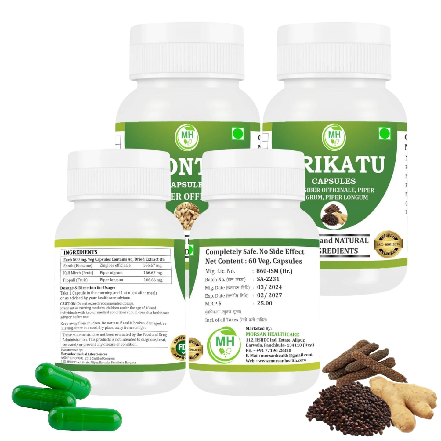 Morsan Healthcare TRIKATU Capsules – 60 Veg Capsules | Blend of Black Pepper, Long Pepper & Dry Ginger | Natural Ayurvedic Herbal Supplement | Pack of 4