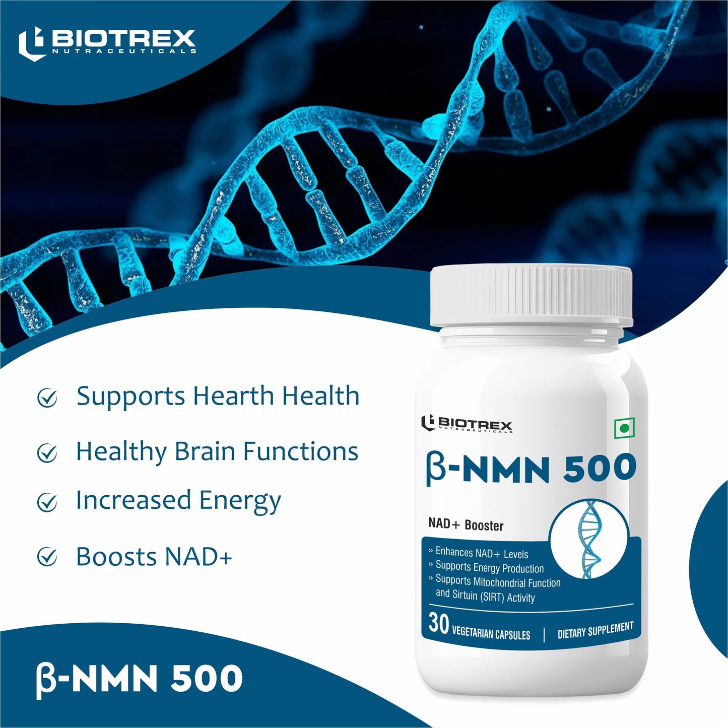 Biotrex Nutraceuticals NMN 500 Supplement, 99% High Purity, NAD Booster, Healthy Energy Levels & Skin Health - 30 Vegetarian Capsules