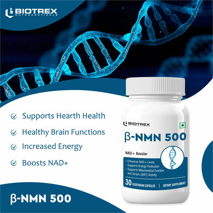 Biotrex Nutraceuticals NMN 500 Supplement, 99% High Purity, NAD Booster, Healthy Energy Levels & Skin Health - 30 Vegetarian Capsules