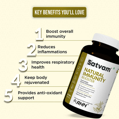 SATVAM Natural Immunity Booster Tablets (60 Count)| Ayurvedic Formula with Ginger, Turmeric, Ashwagandha & More, Boost Immune Strength, Energy | Healthy Heart & Relief from Cold