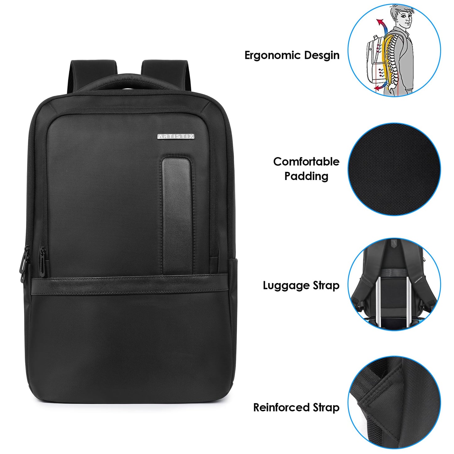 Artistix TechPort Business Backpack For Men 27 L Office Travel Backpack with 16 inch Laptop Compartment Heavy Duty Water-resistant Material Laptop Bag, Black