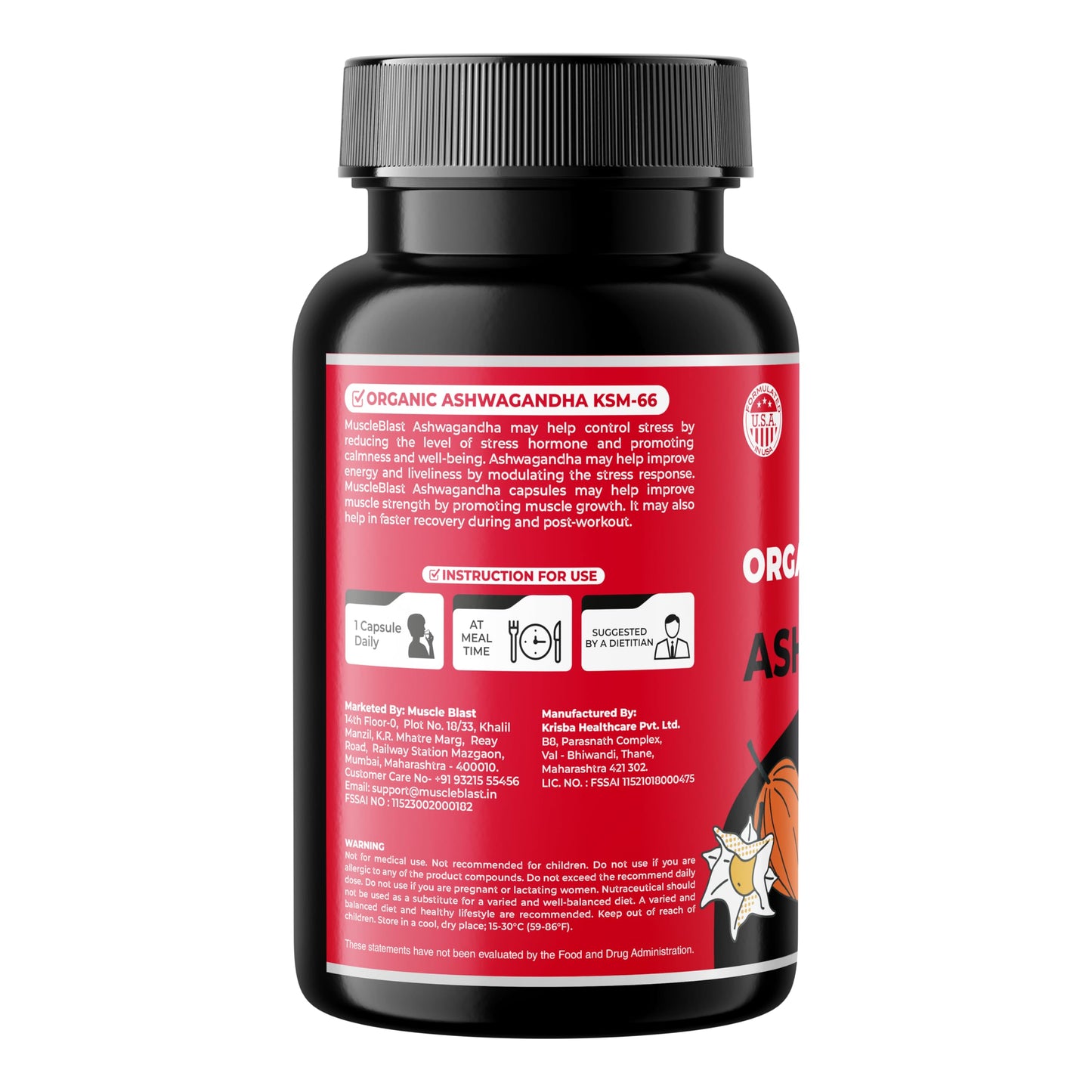 Muscle Blast Organic Ashwagandha KSM-66 500mg Capsules with Vitamin E, B6, B9 & B12 – Stress Relief, Energy, Stamina & Immunity Support, 60 Capsules (60 Servings)