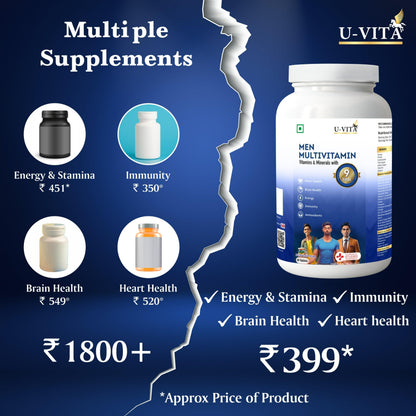 U-VITA Multivitamin for Men | Multivitamin tablet for men | Men38 Essential Vitamins, Minerals & Herbal extracts | Ashwagandha, Ginseng, Grape Seed Extracts | For Energy & Overall Vitality | 30 Veg Tablets | Formulated in the UK
