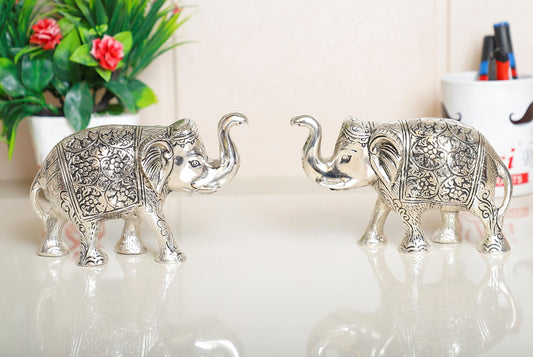 Elephant Metal Statue Small Size Silver Polish 2 pcs Set for Showpiece Enhance Y