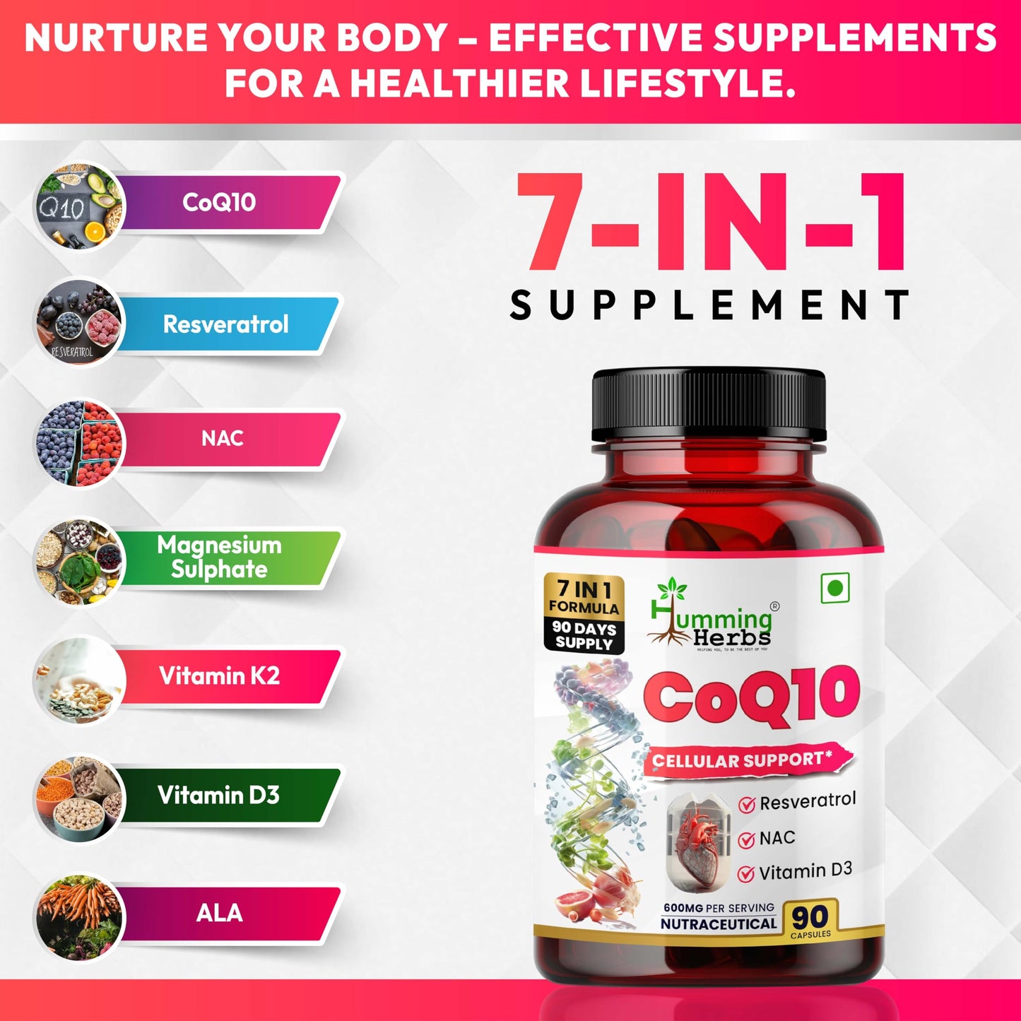 Humming Herbs CoQ10 Supplement 7-in-1 with Resveratrol NAC ALA Magnesium Vitamin K2 (MK-7) & Vitamin D3 – Cellular Energy & Antioxidant Support – 90 Veg Capsules