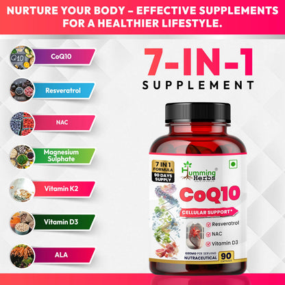 Humming Herbs CoQ10 Supplement 7-in-1 with Resveratrol NAC ALA Magnesium Vitamin K2 (MK-7) & Vitamin D3 – Cellular Energy & Antioxidant Support – 90 Veg Capsules