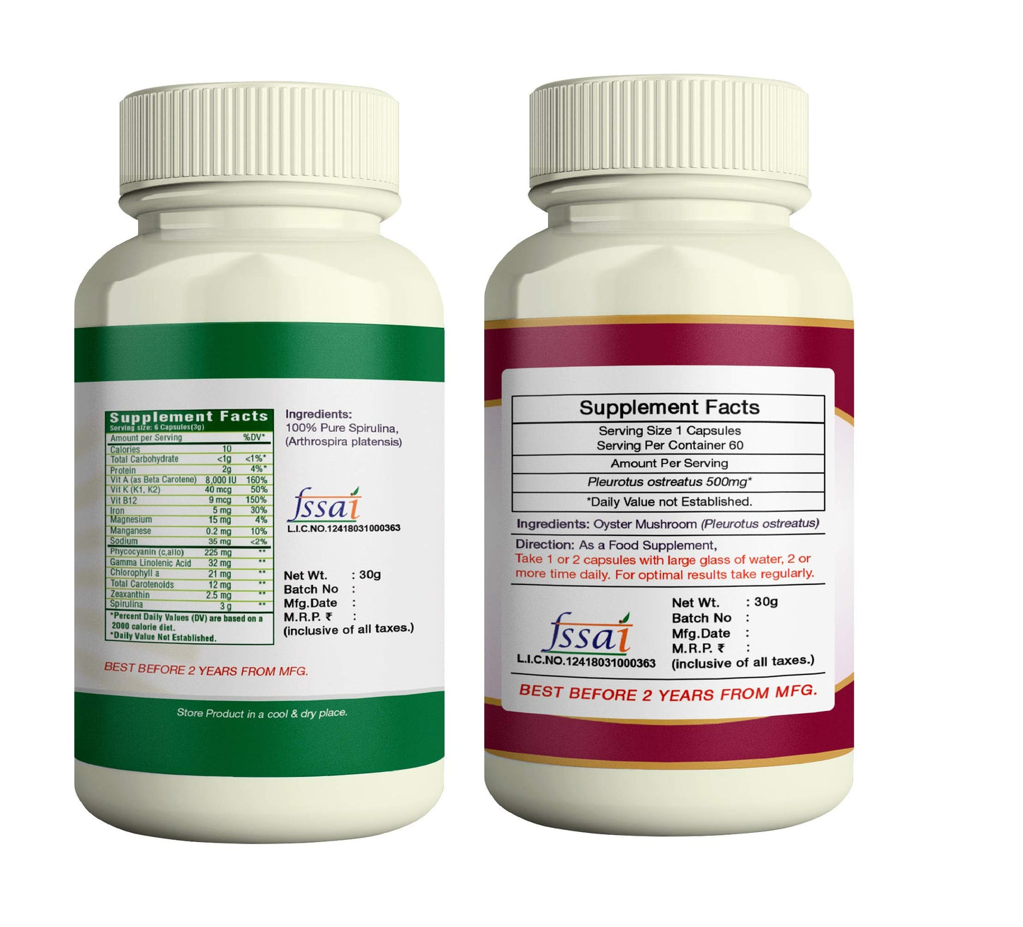 ERBZENERG® Spirulina (Arthrospira platensis) 60 Capsules and Oyster Mushroom 60 Capsules (Pack of 1)