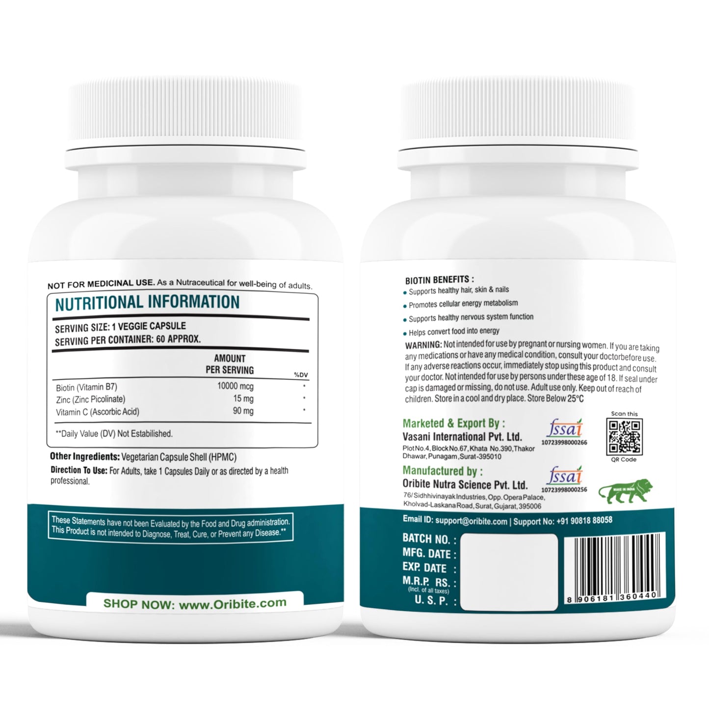 Biotin 10,000 mcg with Zinc & Vitamin C – Hair, Skin & Nail Support – Vegetarian, Non-GMO & Gluten-Free Supplement