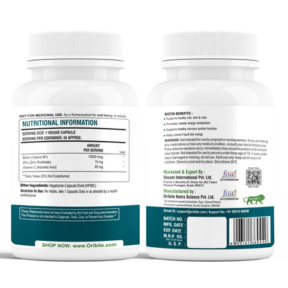 Biotin 10,000 mcg with Zinc & Vitamin C – Hair, Skin & Nail Support – Vegetarian, Non-GMO & Gluten-Free Supplement