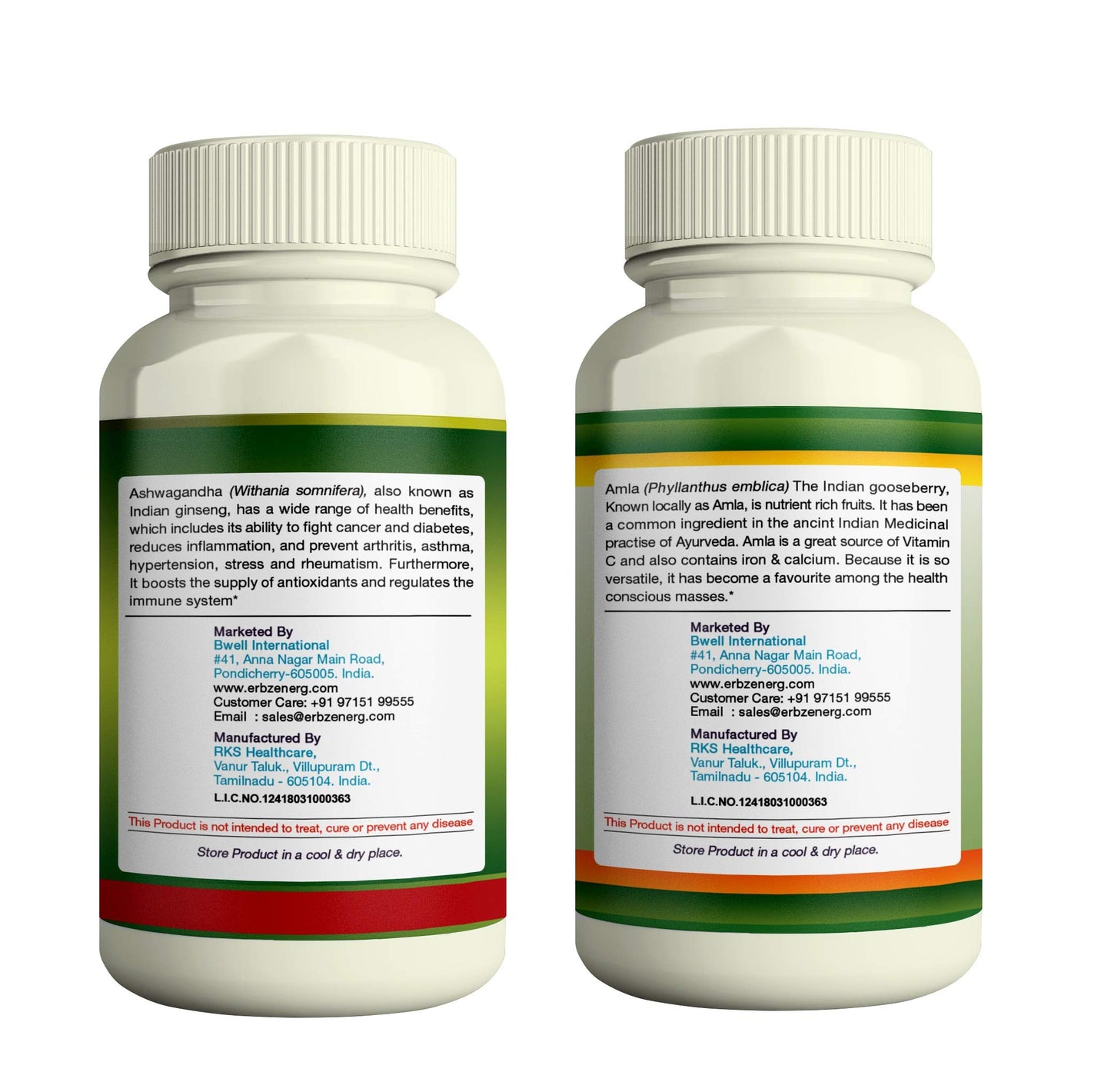 ERBZENERG Organic Ashwagandha (Withania somnifera) and Amla (Phyllanthus emblica) Amalaki/amalaka 60 Capsules(Pack of 1)