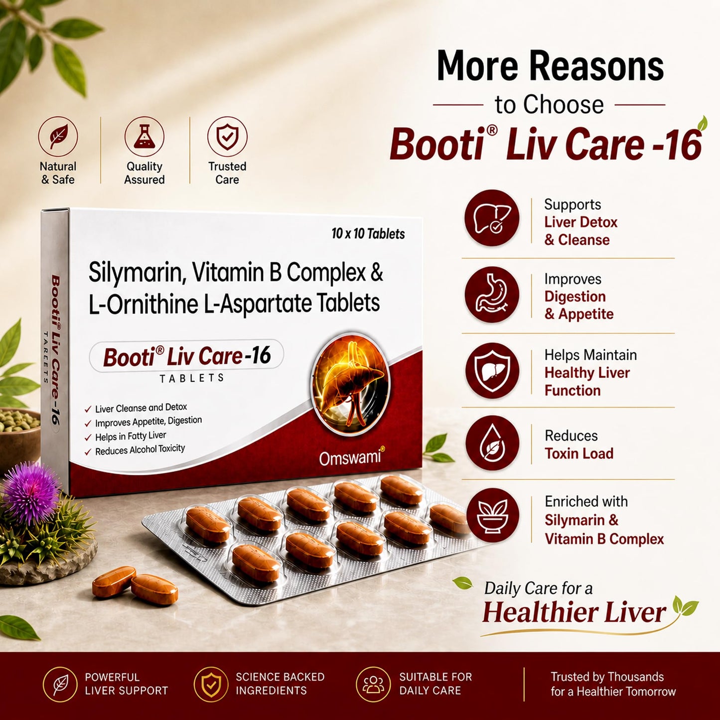 Om Swami Booti Liv Care-16 Tablets(Pack of 4) Silymarin, Vitamin B Complex & L-Ornithine L-Aspartate, Liver Cleanse and Detox, (10 Tablet in 1 pack).