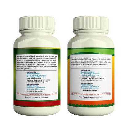 ERBZENERG® Ashwagandha (Withania somnifera) 60 Capsules and Noni (Morinda citrifolia) 60 Capsules (Pack of 1)