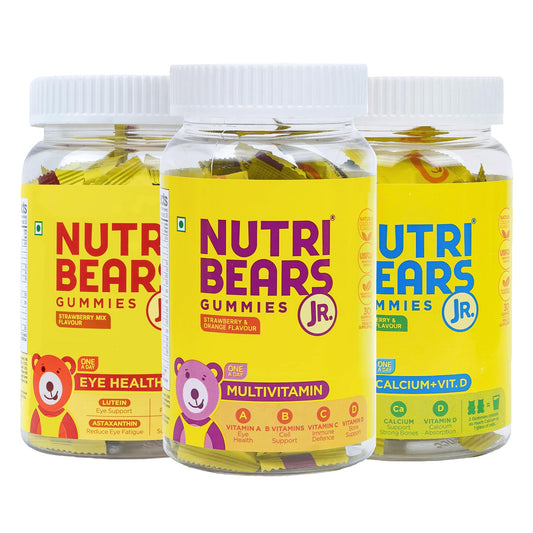NutriBears Multivitamin, Calcium and Eye Health Gummies for Kids, Combo Pack of 3 (90 Gummy Bears, Strawberry, Orange & Mango Flavour) Vitamin C, D, & Zinc for Immunity, Supplement for Strong Teeth and Bones