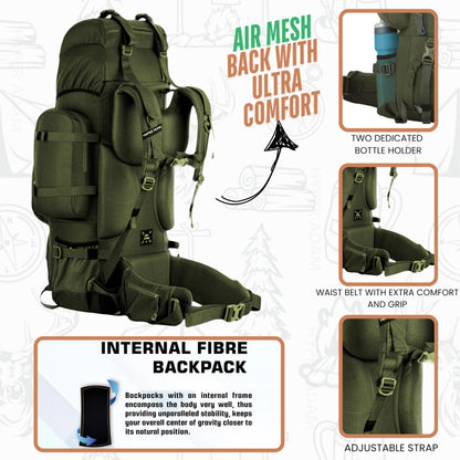 Hyper Adam 95 Ltr Rucksack With Detachable Hiking Backpack & Rain Cover for Trekking & Travelling | Mountain Bags For Men & Women| Backpack Military Grade Made With 3 Year Warranty (Military Green)