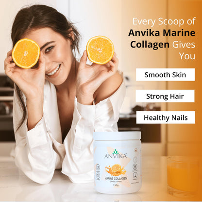 Anvika Marine Collagen Peptides Supplement for Skin, Hair, Nails. Bone & Joint | Clinically Proven | Hydrolyzed Marine Collagen Peptides | Collagen Supplements for Women & Men, Orange Flavour, 150 gms