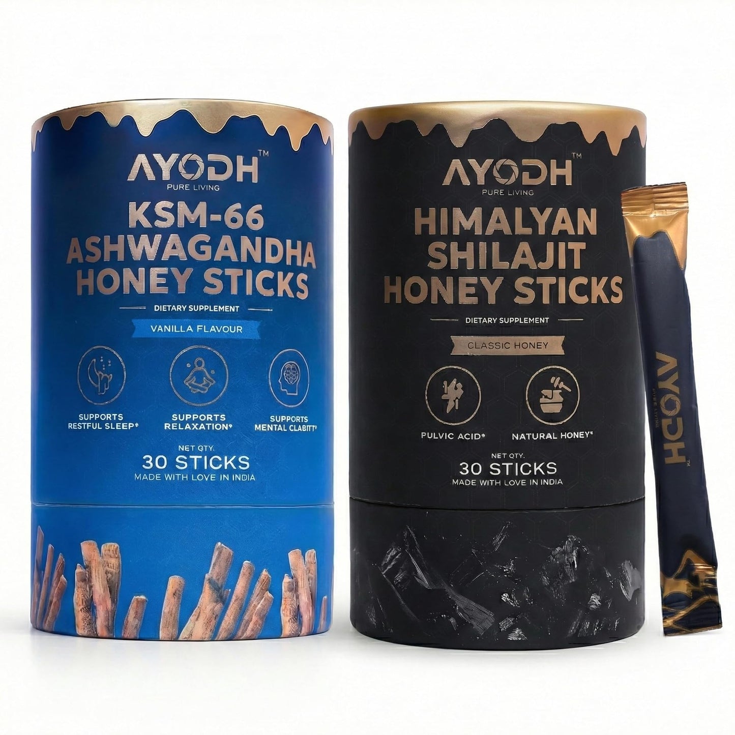 AYODH Ashwagandha Himalayan Shilajit Honey Sticks Bundle | 60 Sticks | Daily Wellness Vitality Support