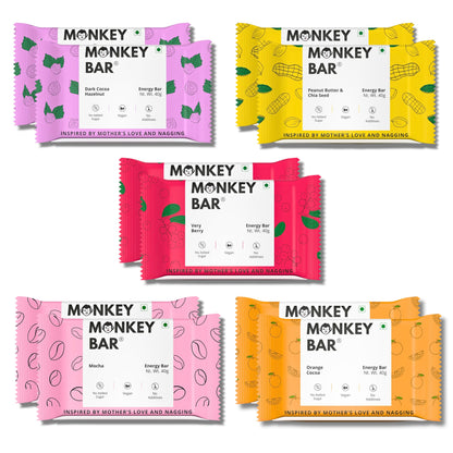 Monkey Bar - Assorted Energy Bars - 10 Bars, 40 G Each, Just 4-6 Plant-Based Ing