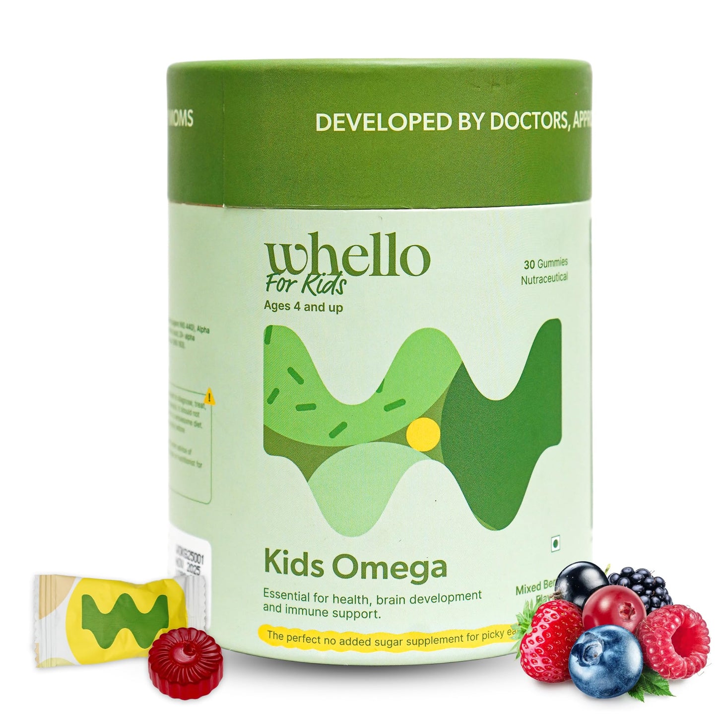 WHELLO Omega Gummies for Kids Age 4+ | No Added Sugar 30 Gummies | 100% Vegan - Mixed Berry Flavor | Improved Brain Development & Immune Support Supplements | Omega 3 with Vitamin C, Flaxseed Oil