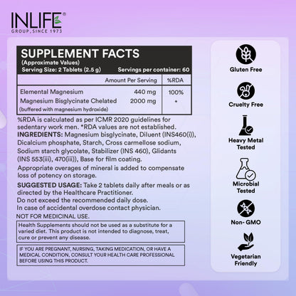 INLIFE Magnesium Glycinate 2000mg Chelated Forte, Bisglycinate Form, Muscle Recovery Sleep & Nerve Health, Men Women, 120 Tablets - (Pack of 1,120, count)