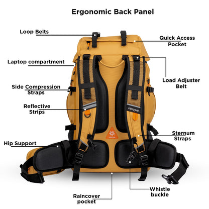 CarryPro HOBO40 v2.0– 40L Functional Travel Backpack for Men & Women, Camping, Biking, Trip, Trekking Bag, Fits 15.6” Laptop, Water-Resistant with Rain Cover, Travel Pouch, 2-Year Warranty(GoldenGlow)