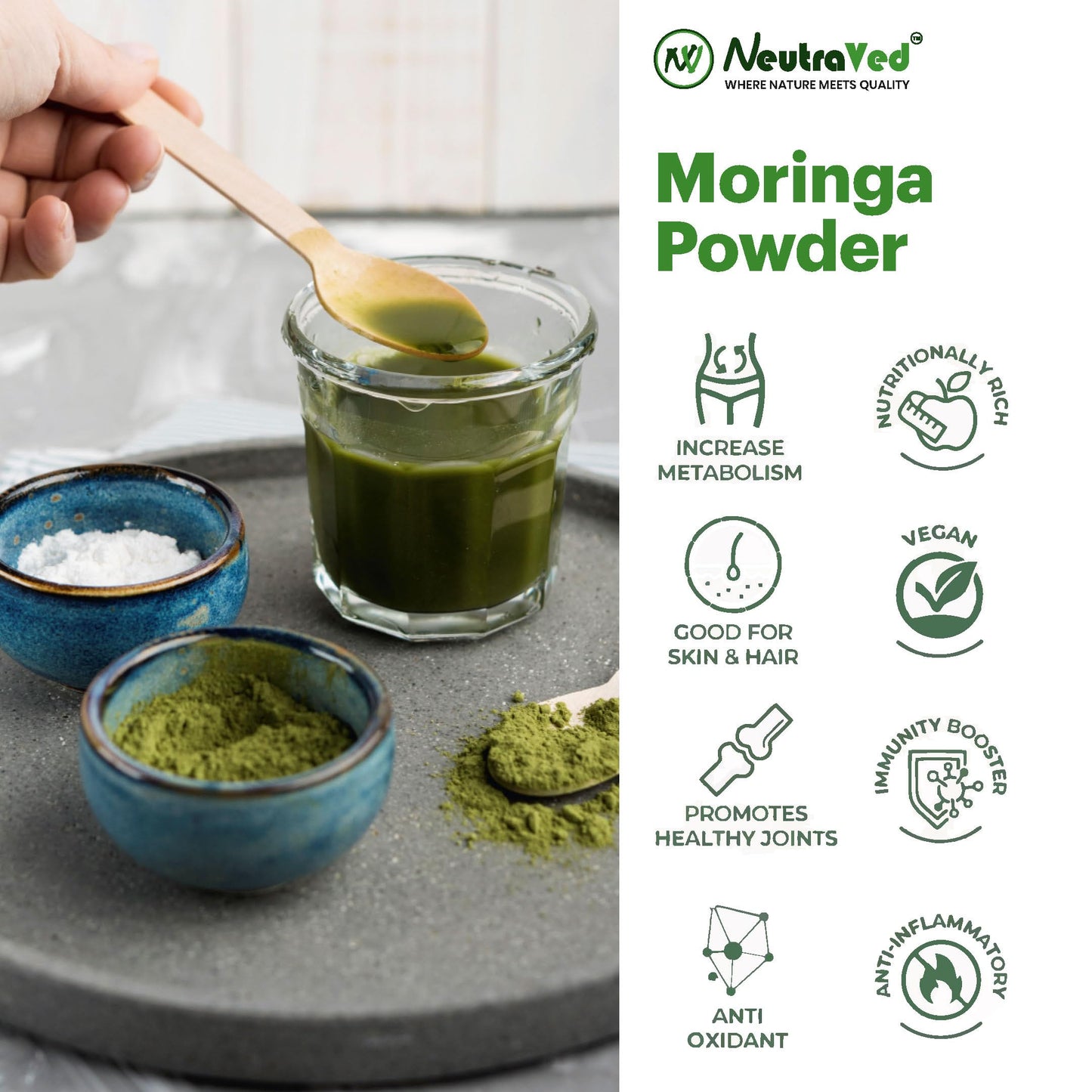 NeutraVed Moringa Powder 1 kg | Moringa Leaves also Know Drumstick for Immunity, Skin & Hair and Wellness Products for Male - 1kg