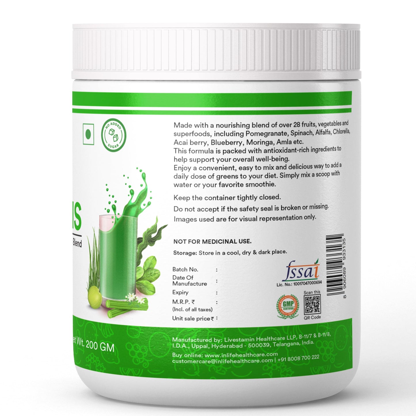 INLIFE Super Greens Powder Supplement | Spirulina, Moringa, Chlorella, Alfalfa, Wheat Grass, Barley Grass Blend | 200g