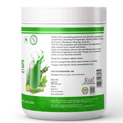 INLIFE Super Greens Powder Supplement | Spirulina, Moringa, Chlorella, Alfalfa, Wheat Grass, Barley Grass Blend | 200g