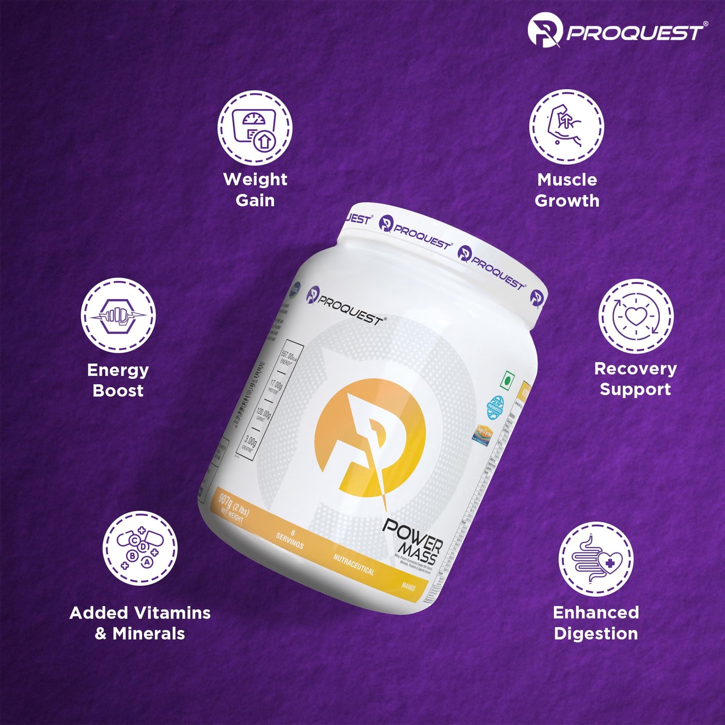 Proquest Power Mass Gainer Mango 907g + Creatine 250g + Free Shaker Combo | 557 kcal, 17g Protein, Digezyme® & Probiotics | Muscle Gain & Recovery Support