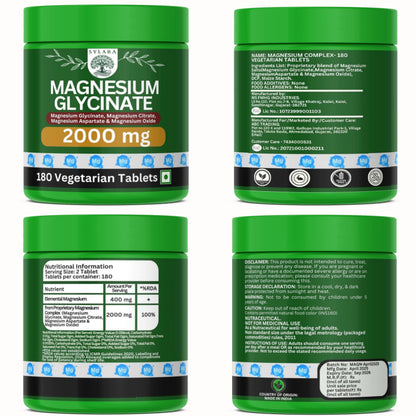 SYLARA Chelated Magnesium Glycinate 2000 mg - 180 Tablets/Capsules Supplement - 100% RDA (Magnesium Glycinate, Citrate, Aspartate Complex)