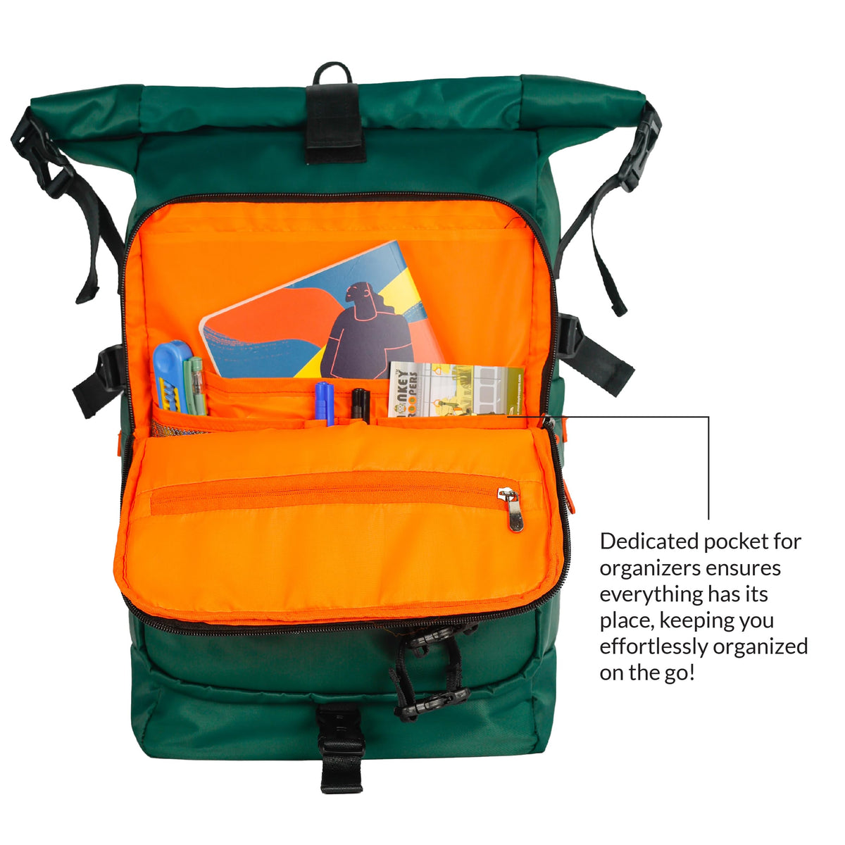MONKEY TROOPERS Homie 35L Roll Top Laptop for Unisex Backpack Bag Green Expandable Roll Top Closure Hidden Valuables Pocket Organizer Panel Compression Straps Padded Carrying Support