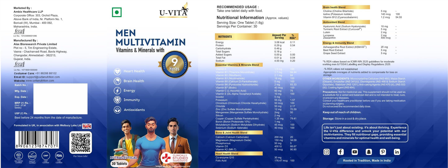 U-VITA Multivitamin for Men | Multivitamin tablet for men | Men38 Essential Vitamins, Minerals & Herbal extracts | Ashwagandha, Ginseng, Grape Seed Extracts | For Energy & Overall Vitality | 30 Veg Tablets | Formulated in the UK