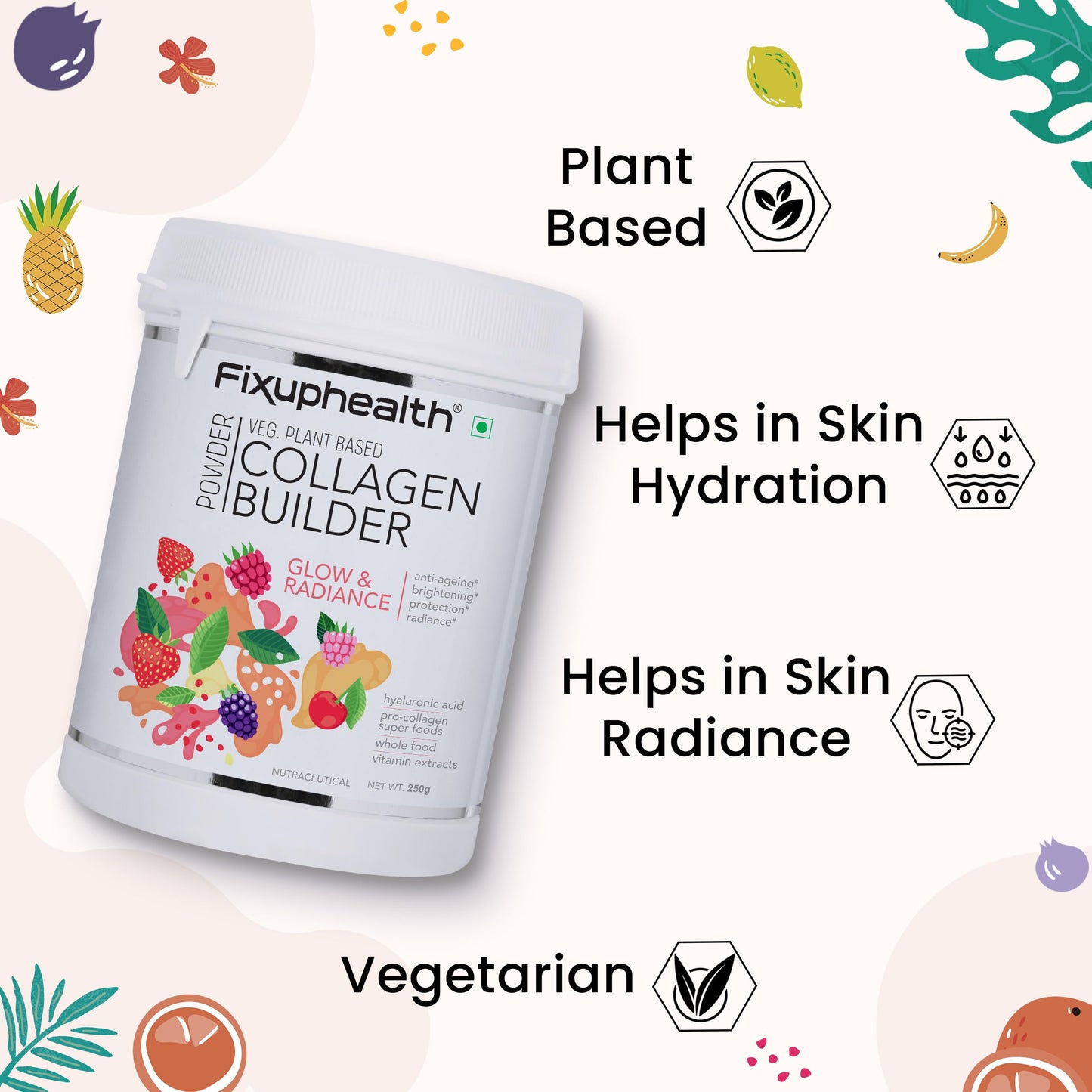 Fixuphealth Collagen Builder Veg Plant based powder for Women and Men for Skin Glow with Hyaluronic Acid Glutathione Vitamin Extracts Pro collagen super food 250 gram Strawberry flavour No added sugar