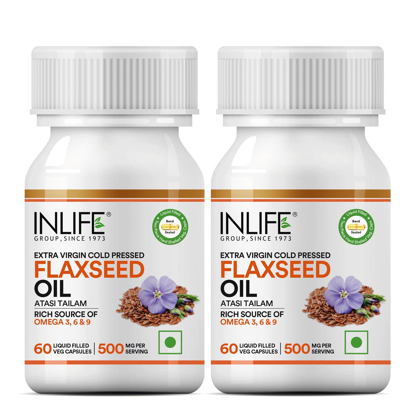 INLIFE Flaxseed Oil Omega 3 6 9 Supplement, Extra Virgin Cold Pressed 500 mg - 60 Vegetarian Capsules (Pack of 2)