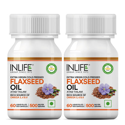 INLIFE Flaxseed Oil Omega 3 6 9 Supplement, Extra Virgin Cold Pressed 500 mg - 60 Vegetarian Capsules (Pack of 2)