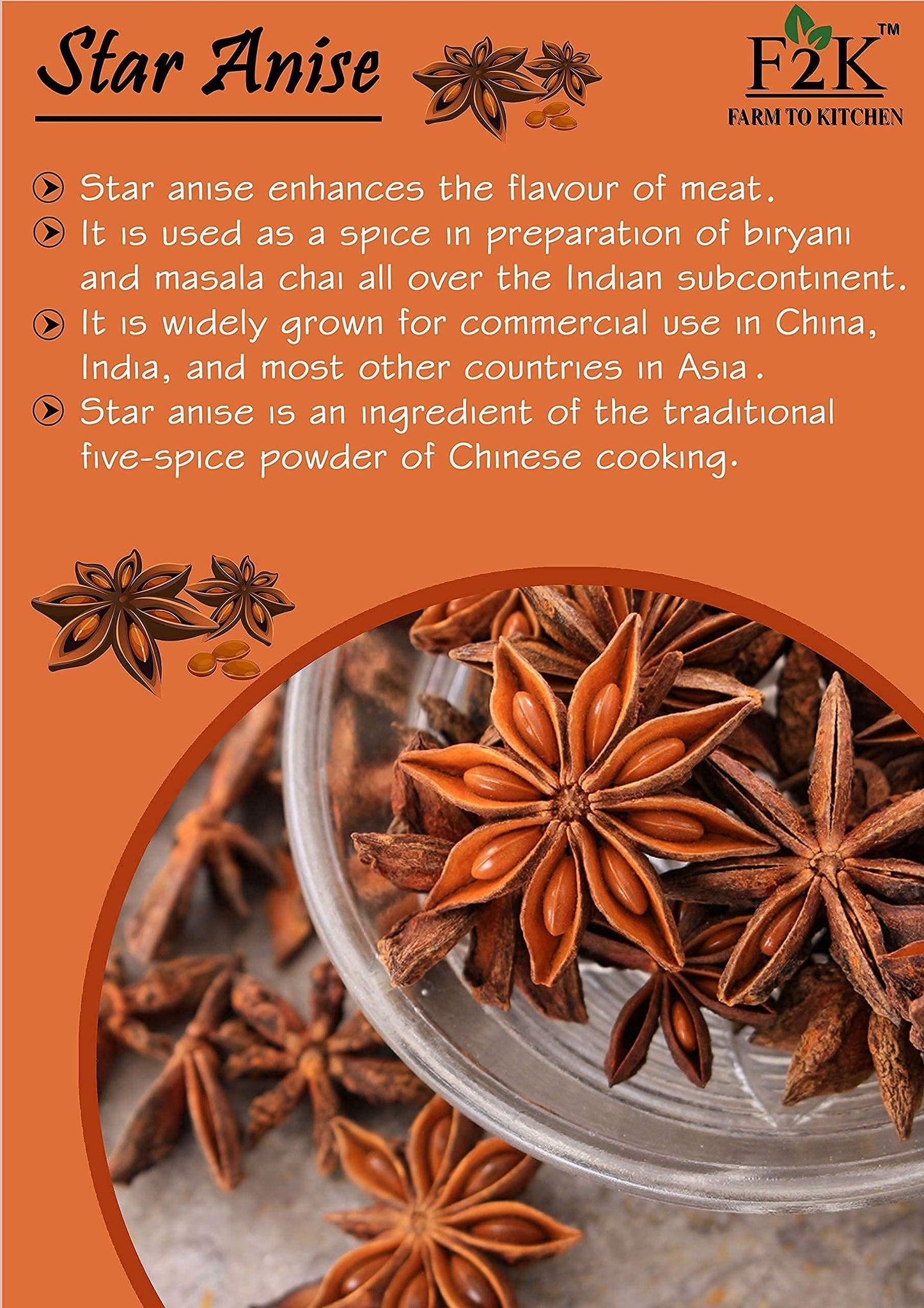 F2K Farm to Kitchen Star Anise Chakra Phool Seeds-Unlock The Unique Flavor And Aroma For Culinary Adventures, Secret Ingredient For Asian Inspired Dishes,25 Grams