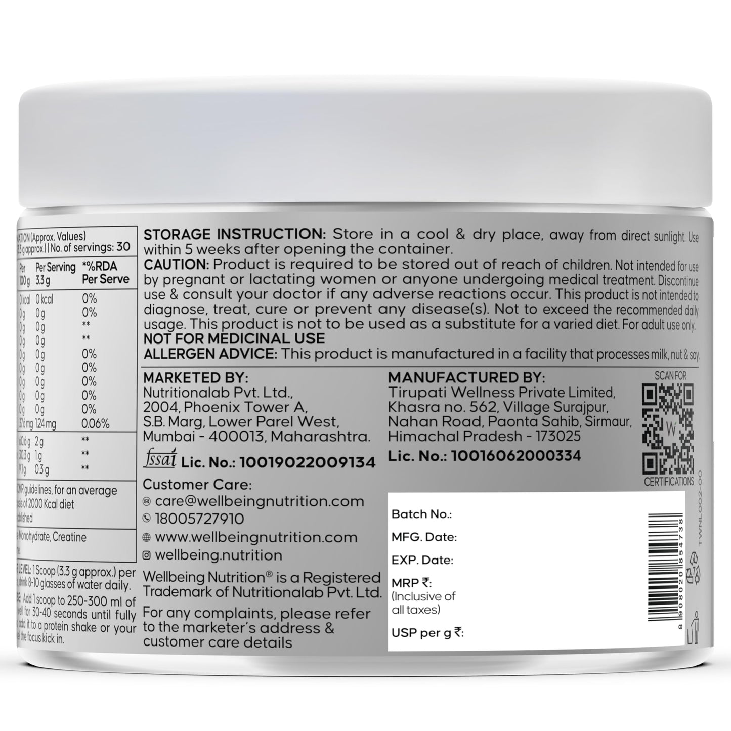 Wellbeing Nutrition 100% Pure Micronised Creatine Powder Monohydrate + HCL | Taurine | For Muscle Strength & Recovery, Muscle Growth & Cognition | Unflavoured,100g, 30 servings For Men & Women