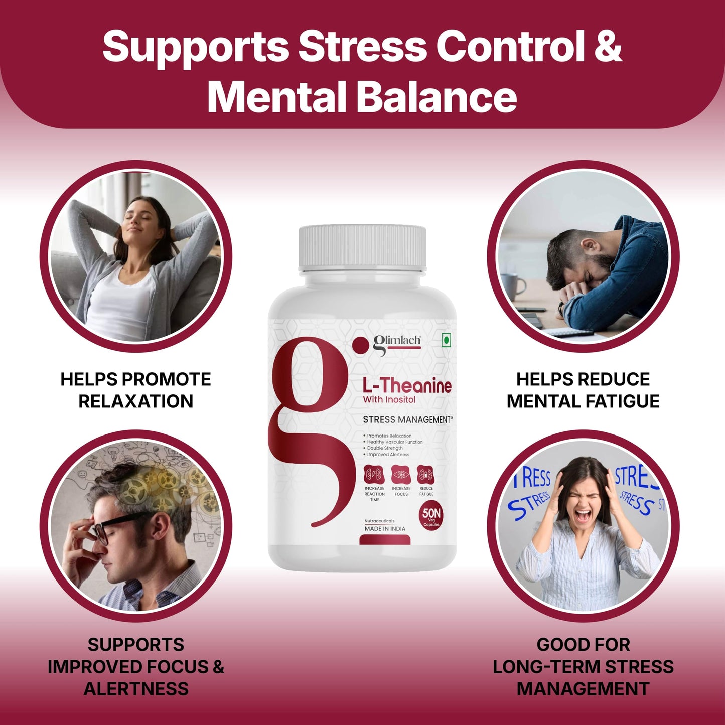GLIMLACH L-Theanine 50 Capsules | Reduces anxiety & Stress | Promotes natural Relaxation, Restoration and Relief of Stress | L-Theanine Dietary Supplement Capsules