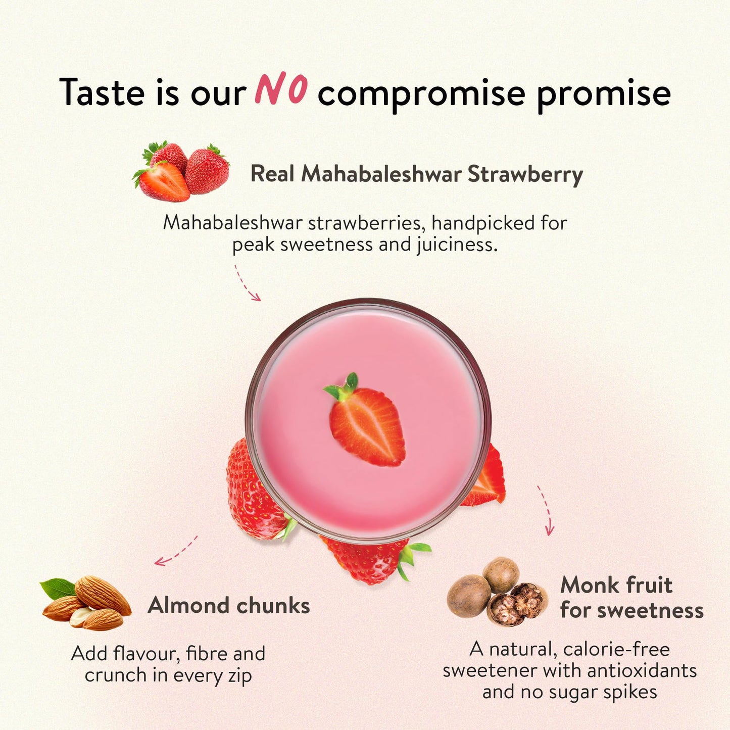 Happy Cultures 24g Tastiest Plant Protein| Mahabaleshwar Strawberry & Almond Chunks| No Added Sugar| Pea & Brown Rice Protein Isolate| Vegan| 20 Complete Amino Acids| Monk Fruit Extract| Women & Men| No Bloating, Easy to Digest| Dairy Free with Probiotics
