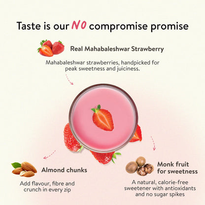 Happy Cultures 24g Tastiest Plant Protein| Mahabaleshwar Strawberry & Almond Chunks| No Added Sugar| Pea & Brown Rice Protein Isolate| Vegan| 20 Complete Amino Acids| Monk Fruit Extract| Women & Men| No Bloating, Easy to Digest| Dairy Free with Probiotics
