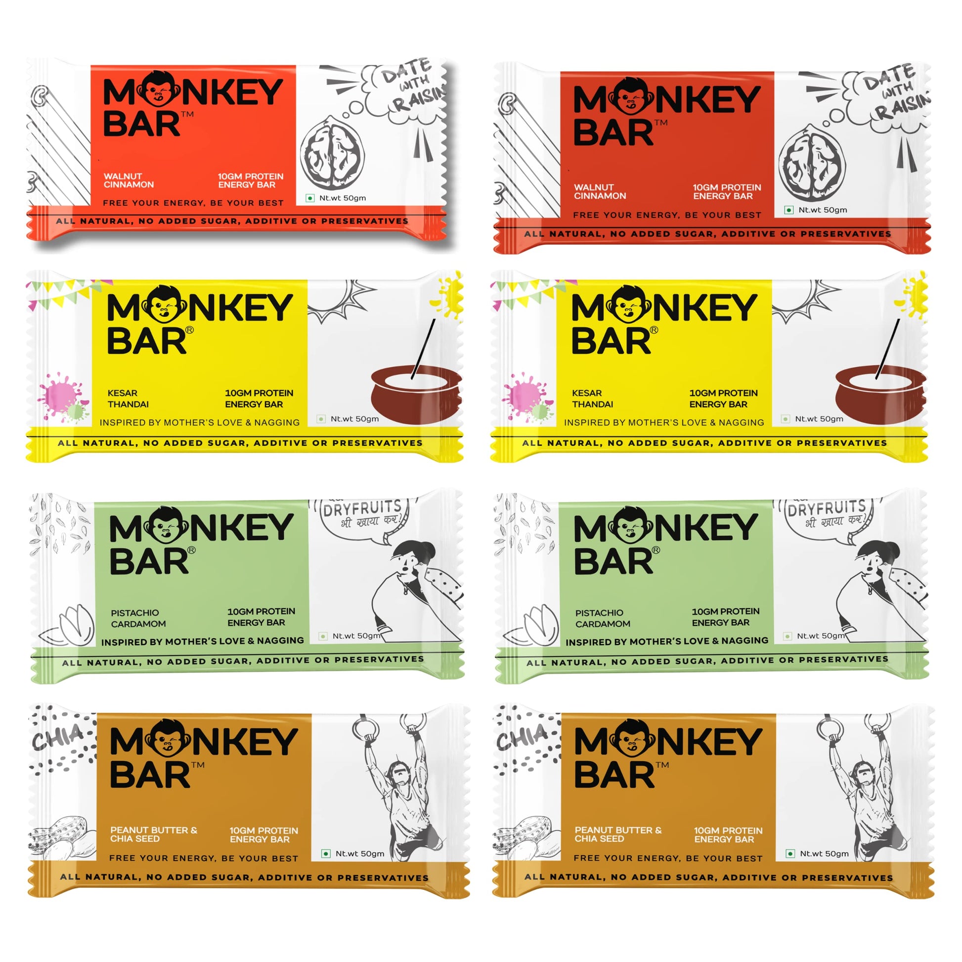 MONKEY BAR - No Cocoa Protein Bars - 8 Bars, 50g each, 10-13g Protein, Healthy &