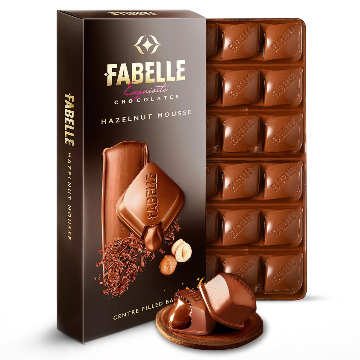 Fabelle Hazelnut Mousse, Centre-filled Luxury Chocolate Bar with Cocoa Mousse and Roasted Turkish Hazelnut Bits, 128g