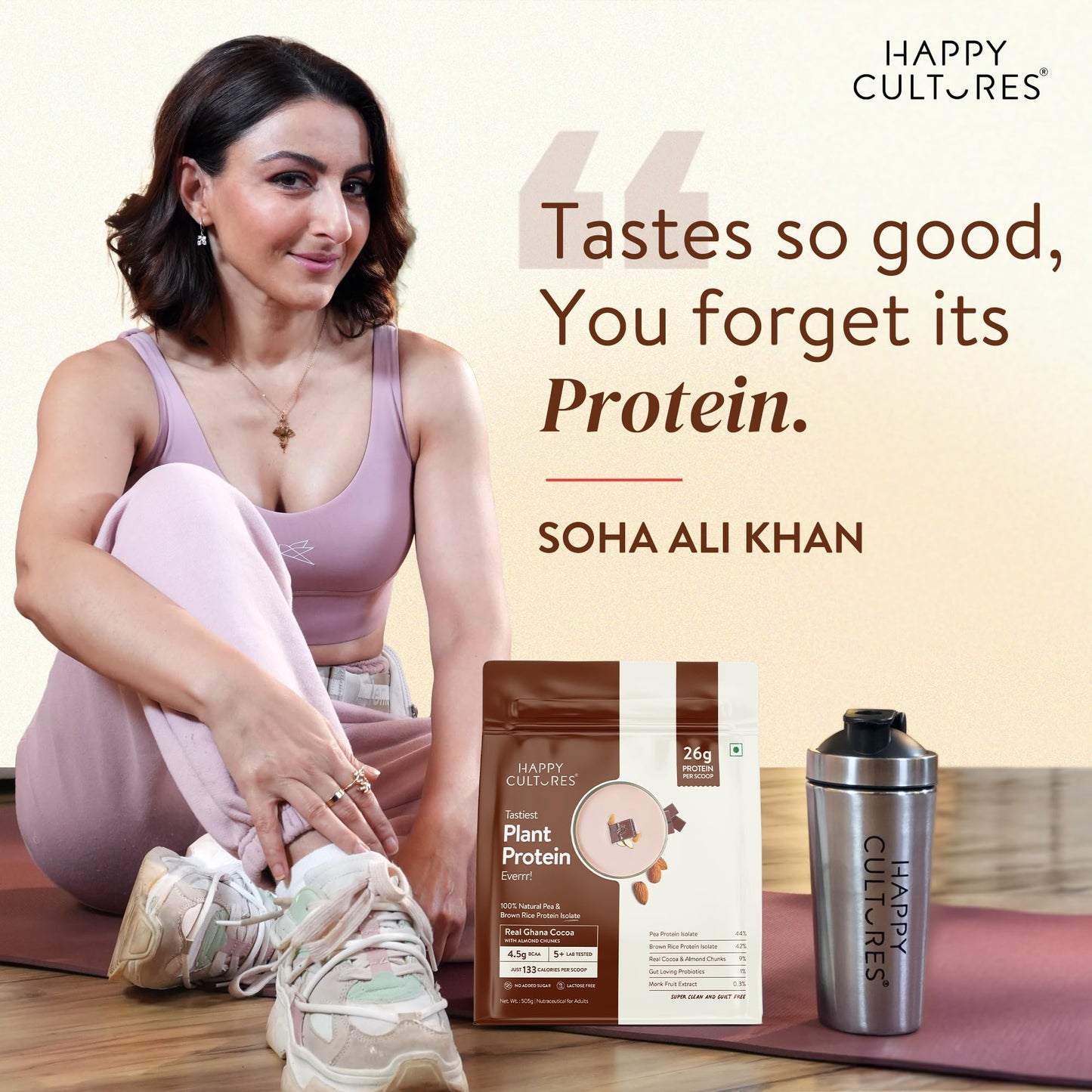 Happy Cultures 26g Tastiest Plant Protein| Chocolate, Almond Chunks & Ashwagandha (KSM 66)| Pea & Brown Rice Protein Isolate| No Added Sugar| Vegan| 20 Complete Amino Acids| Monk Fruit Extract| Women & Men| No Bloating, Easy to Digest| Dairy Free with Pro