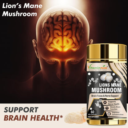 Vitaminnica Lion's Mane Mushroom 500mg- 60 Vegan Capsules | Nootropics for Brain Health & Focus